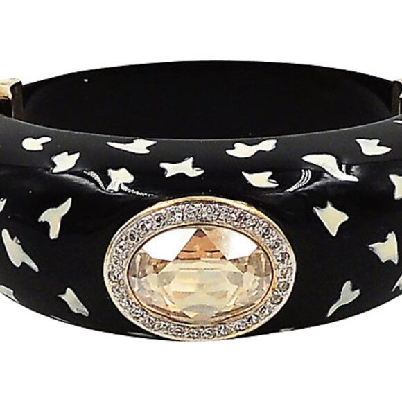 Vintage 1980s Italian Black Spotted Rhinestone Cuff Bracelet - Picture 2 of 11